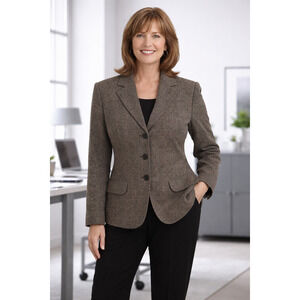 Vtg Jones of New York Women Blazer Wool Blend 12 Tweed Brown Black Lined‎ Career